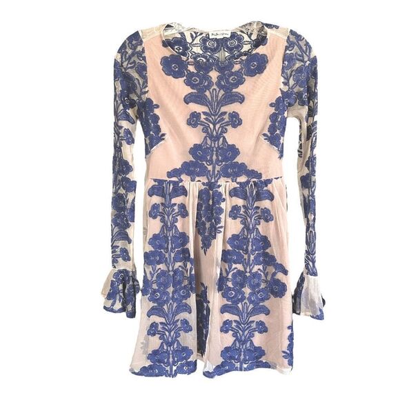 NEW For Love And Lemons Temecula Mini Dress Silk Blue Sheer Long Sleeve Women S - Picture 2 of 9